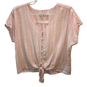 Caffe Marrakesh Linen Blend Top Women XL Pink Orange Striped Tie Bottom Shirt